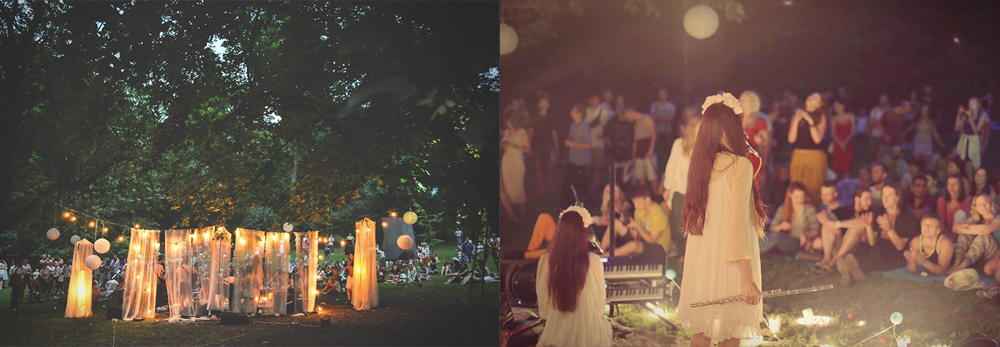 Dwa zdjęcia przedstawiające Medytację na Pełnię Księżyca w Parku Ludowym. Podświetlone białe materiały zawieszone na drzewach. Ludzie słuchający koncertu. Dwie kobiety ubrane w białe sukienki grające na instrumentach.